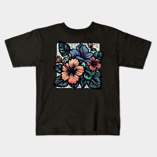 Bright Tropical Hibiscus Flower Woodcut Design Kids T-Shirt